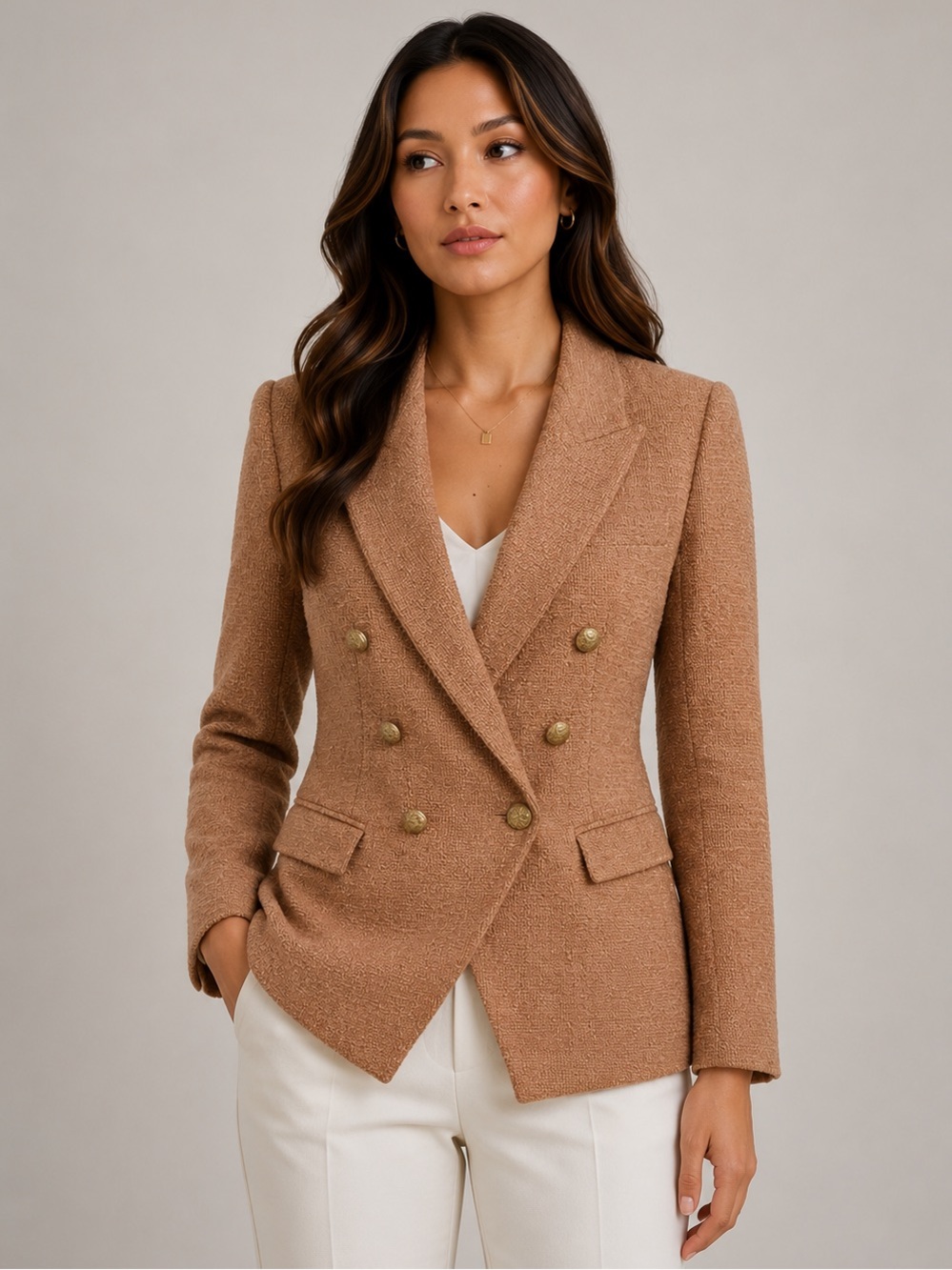 L'AGENCE Kenzie Light Mocha Double Breasted Bouclé Tweed Blazer Size 0 - Picture 7 of 7